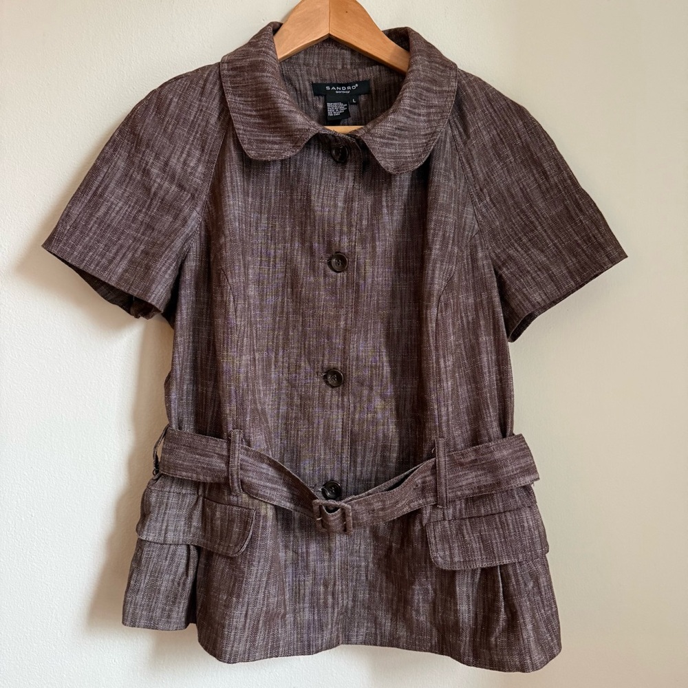 Sandro Sportswear Womens L Brown Belted Short Sleeve Jacket Textured Button Up